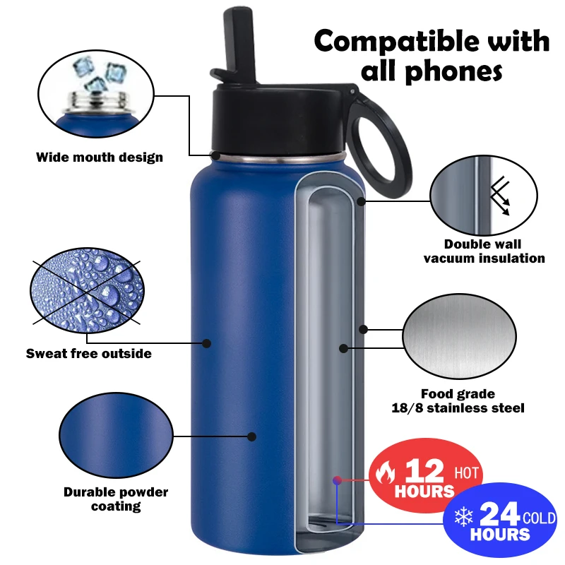 2024 Hot Selling Double Wall Vacuum Insulated 304 Stainless Steel Water Bottle Flask Water Bottle with Magnetic Straw Lid