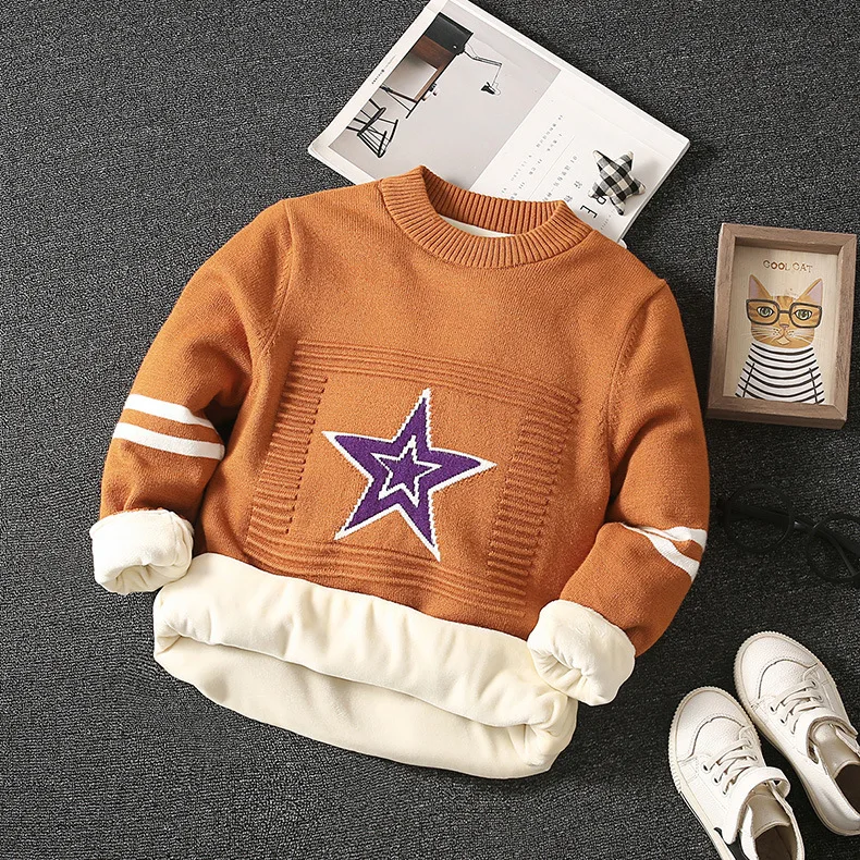 
Winter thick warm fleece inside round neck boys knit print children sweater 