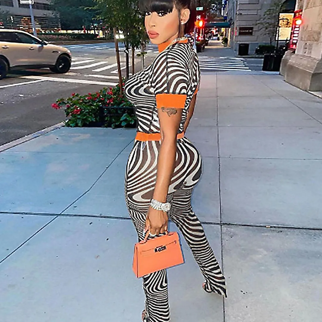 Summer Womens Clothing Perspective Zebra Stripe Print Matching Short Sleeve 2pc Cropped Top Outfits Two Piece Pants Set