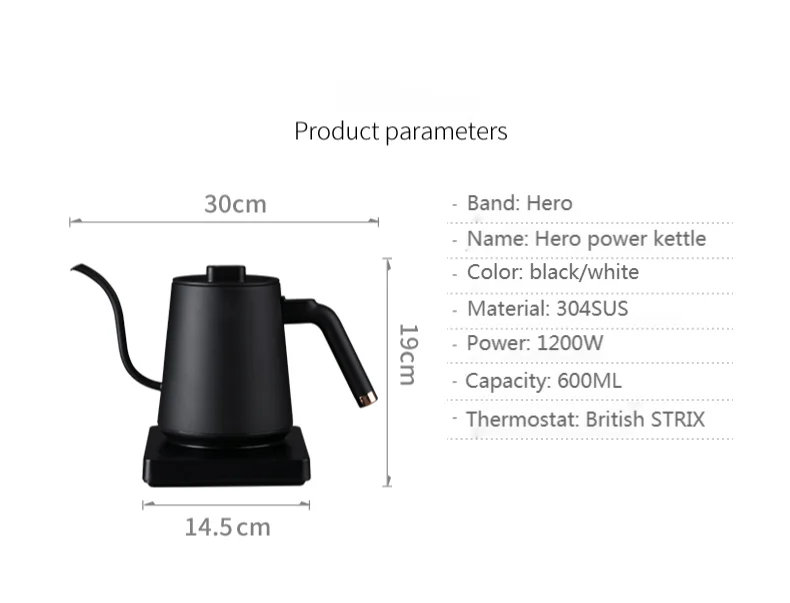 zeroHero Black 600ml Tea Coffee Pour Over Pot Stainless Steel Temperature Control Electric Gooseneck Kettle