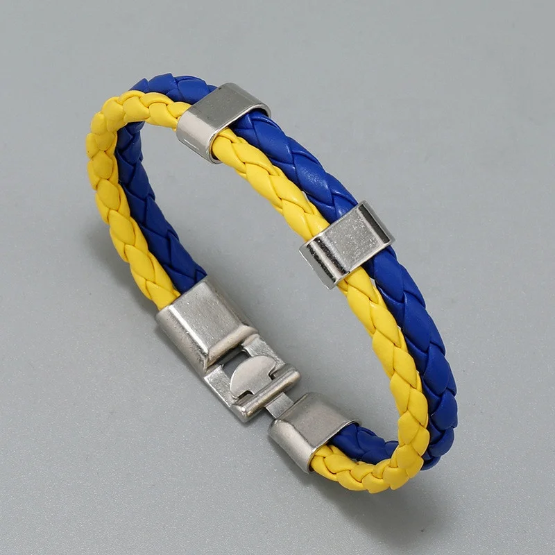 wholesale factory cheap braided PU leather button simple blue yellow bracelet