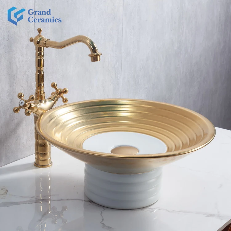 
gold art round luxury ceramic new designs small bathroom wash basin 