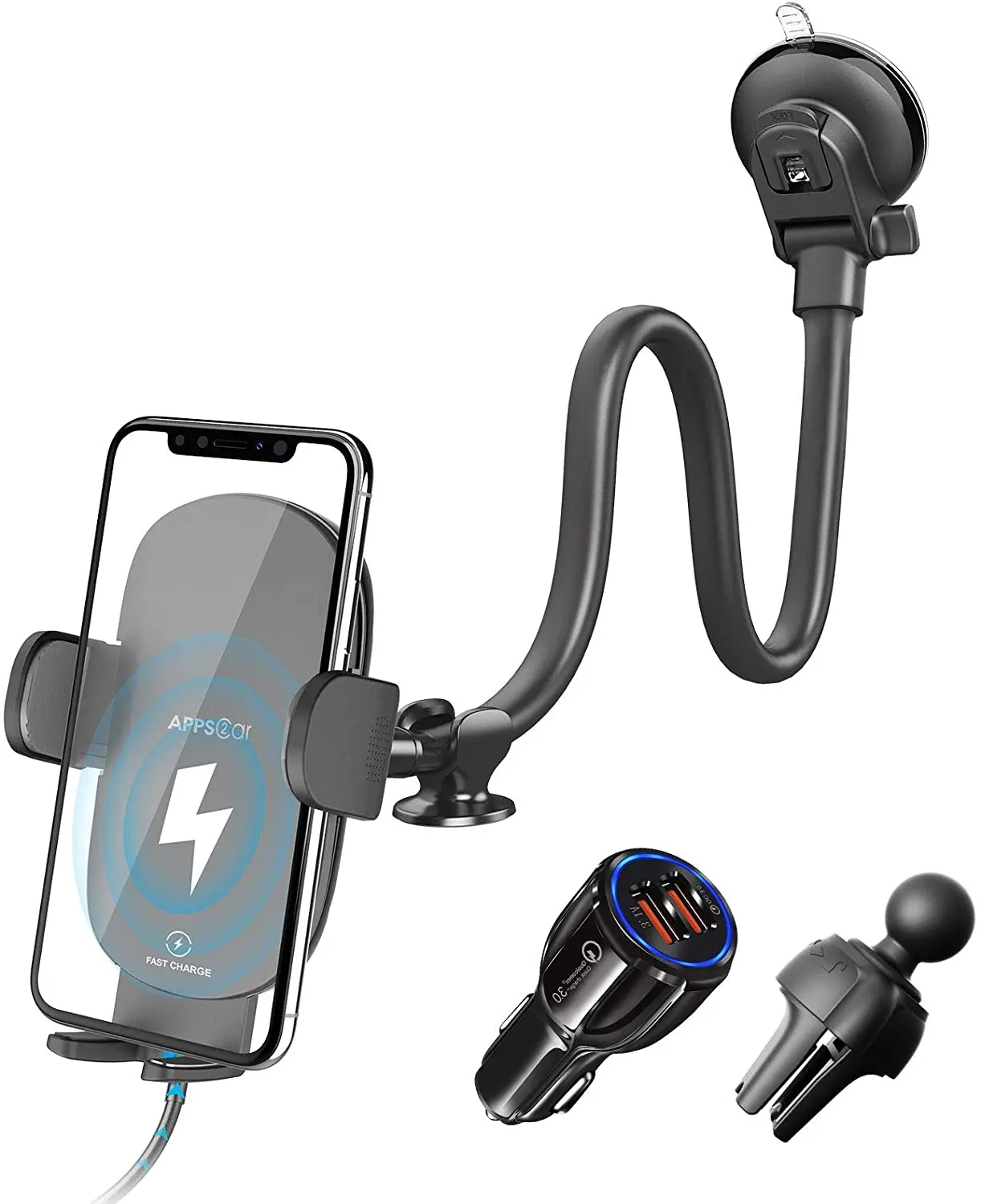 Wireless Car Charger, 13 Inches Gooseneck Qi Fast Charging Car Phone Holder Mount, QC 3.0 Car Charger