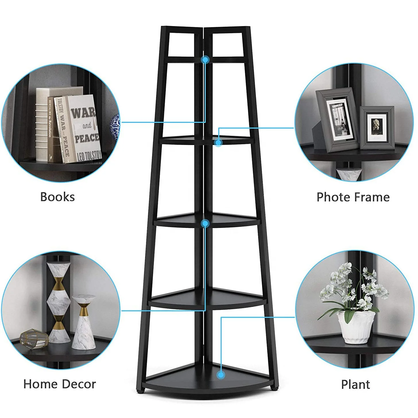 VEKIN 70 inch Tall Corner Shelf, 5 Tier Modern Corner Bookshelf Industrial Corner Ladder Shelf Small Bookcase Plant Stand for Li