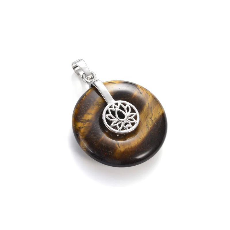 Natural Stone Tiger Eye Donut With Lotus Tree Of life Star Brass Pendant Bail For Necklace Jewelry Making