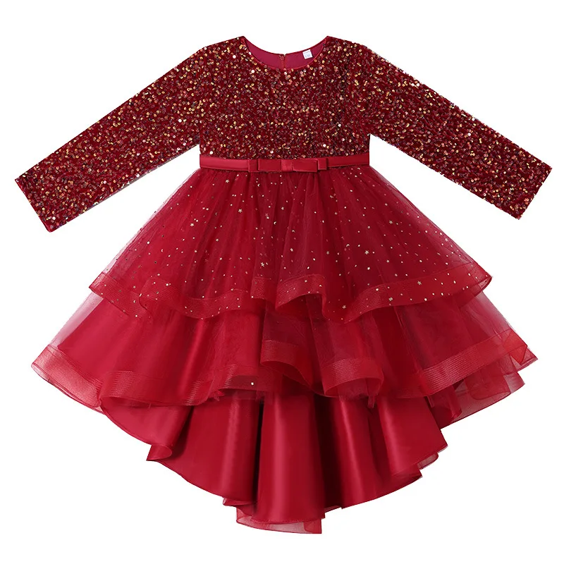 Girls Dress 2022 Winter Christmas Long Sleeve Sequins Trailing Dress Girls Princess Mesh Party Dress
