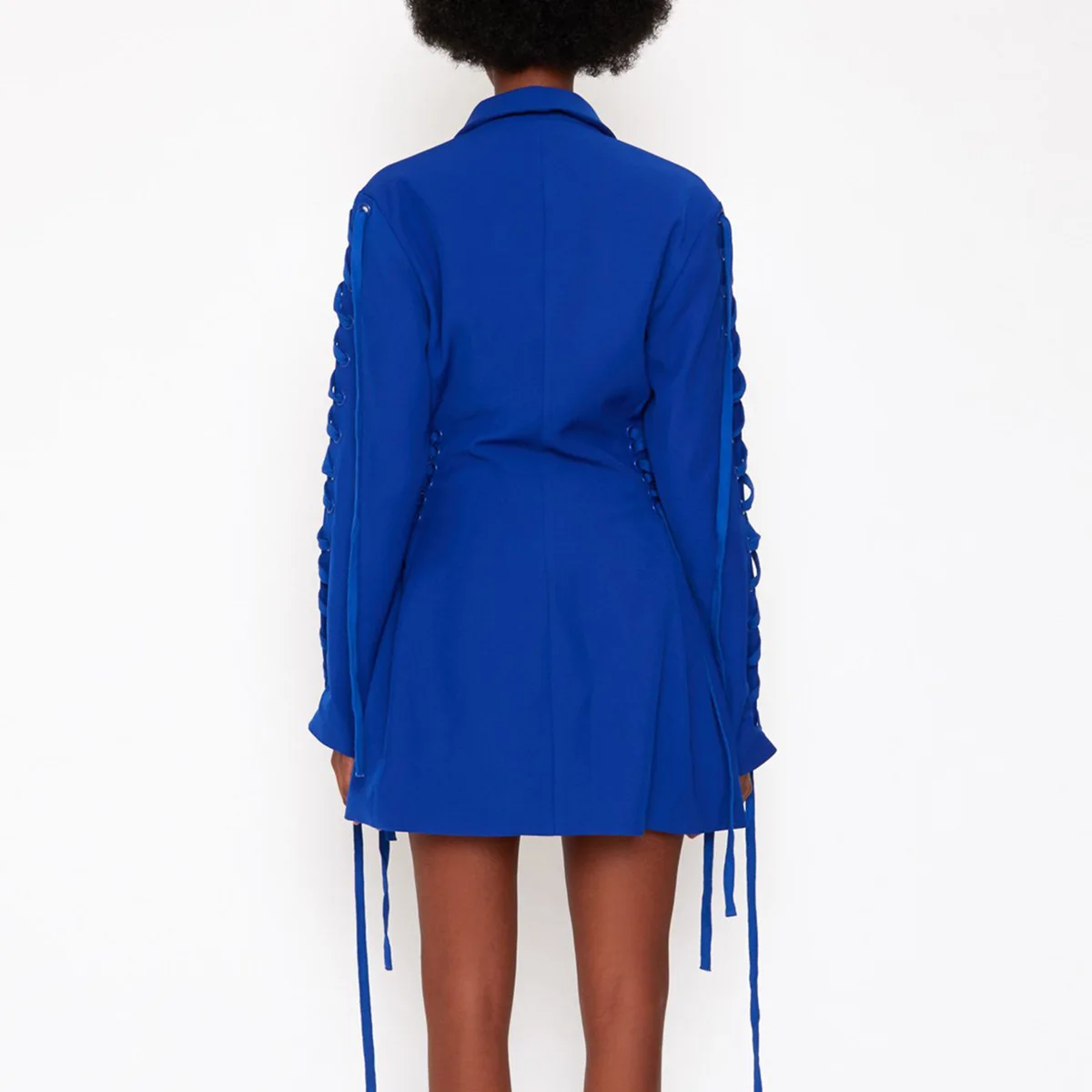 Pure Color Single Breasted Suit Blue V Neck Blazer Long Sleeve Ladies Frenulum Bandage Suits dress