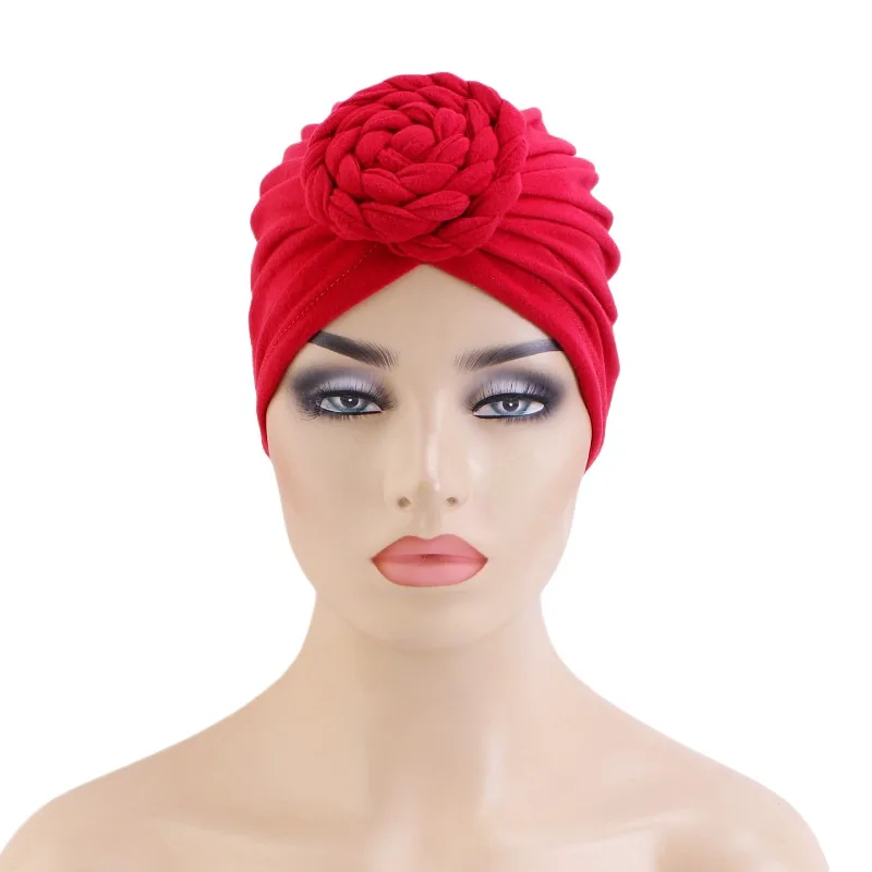Hot Sale Plain Flower Muslim Chemo Headwrap Stretch Large Turban Chemo Satin Lined Stretchy Headwrap Turbans