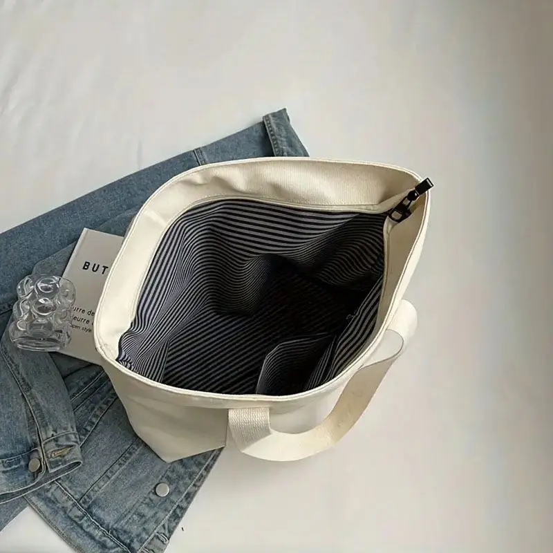 Simple Canvas Tote Bag Casual Large Capacity Style School Cotton Fabric Handbag Letter Strap Shoulder Shopping Bag For Going Out
