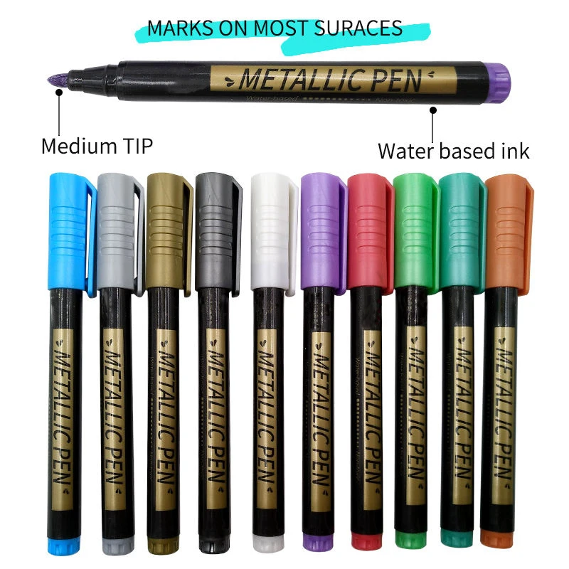 10 Colour Pack Metallic Marker Pens Set Permanent Cotton Core Glitter Marker Diy Painting and Drawing Water Baased