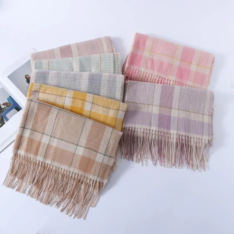 Factory Winter Cashmere Feel  Acrylic Scarfs For Women Men Fashion Wool Tartan Checkered Plaid Shawl Scarf With Tassels