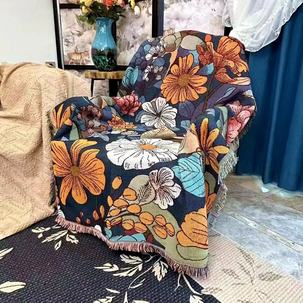 Flower Throw Blanket Reversible Cotton Polyester Bohemian Tapestry Hippie Room Decor Outdoor Camping Blanket