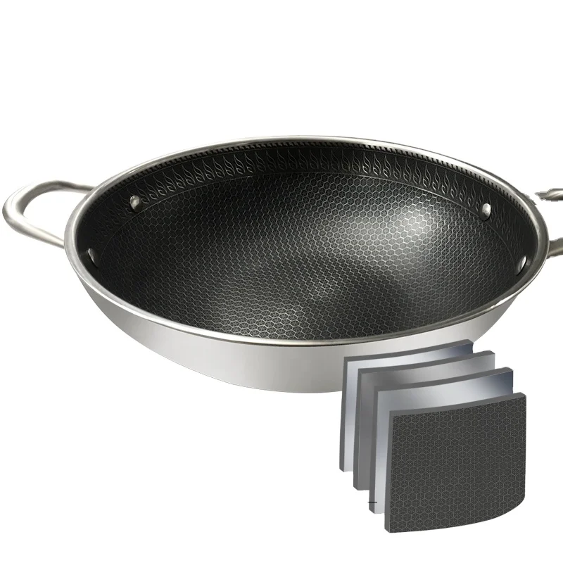304 stainless steel frying pan 32cm Honeycomb Nonstick wok with double ears steel China Wok
