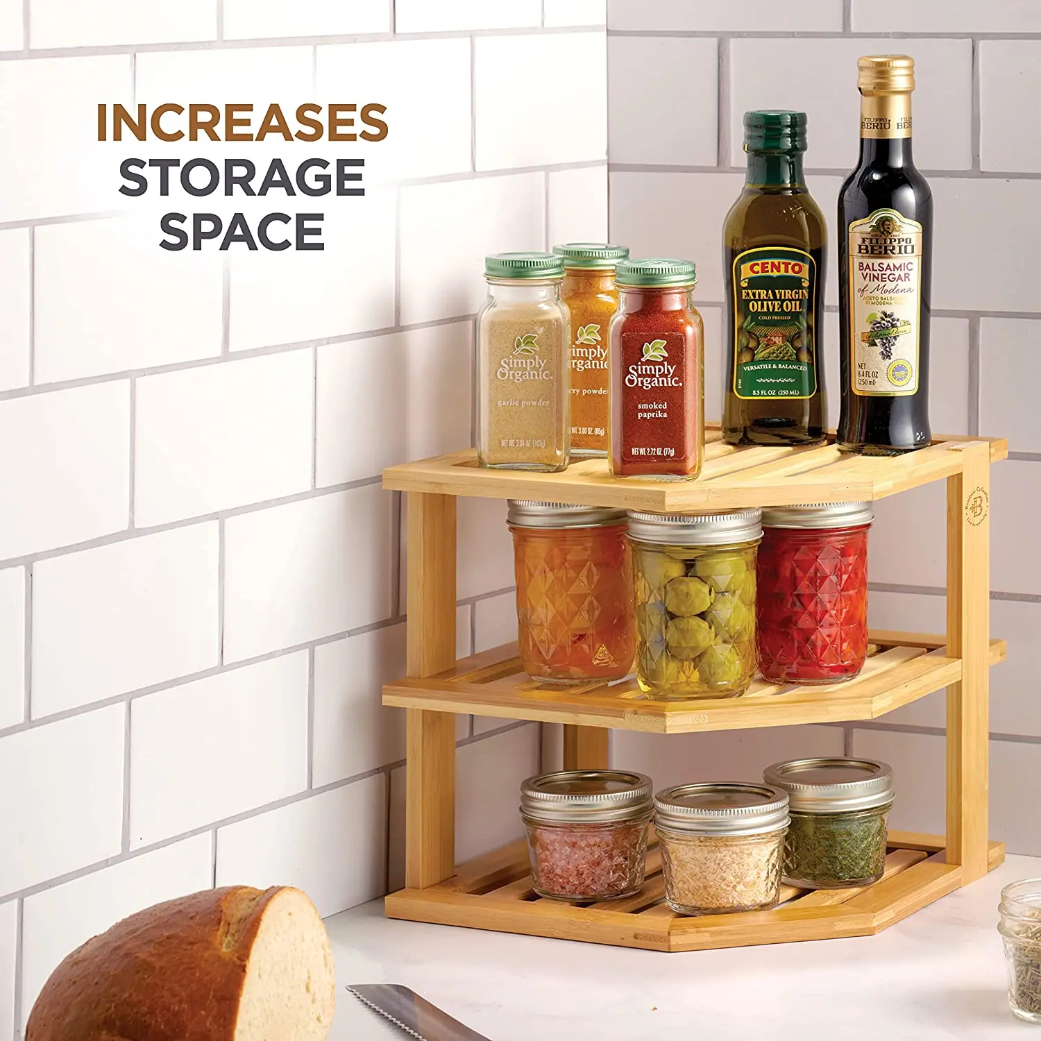 High quality bamboo 3-tier kitchen plate shelf storage countertop organizer space savers cabinet corner spice display rack