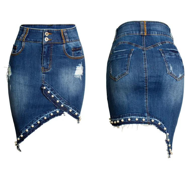 
2021 Summer European And American New Irregular Beaded Pearl High Waist Skirts Casual Denim Skirts 