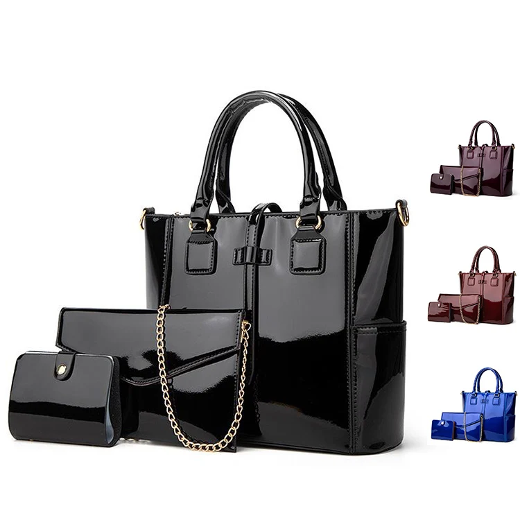 Wholesale High Quality Women Blue Black Glitter Leather Crossbody Lady Shoulder Hand Tote Bags Set