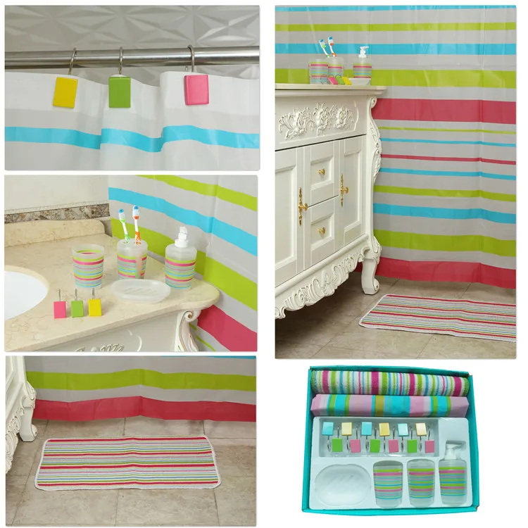 Plastic Printing Shower Curtain with Resin Hooks for Bathroom Accessory Set of 18 Plastic Shower Curtain Bath Accessories Sets