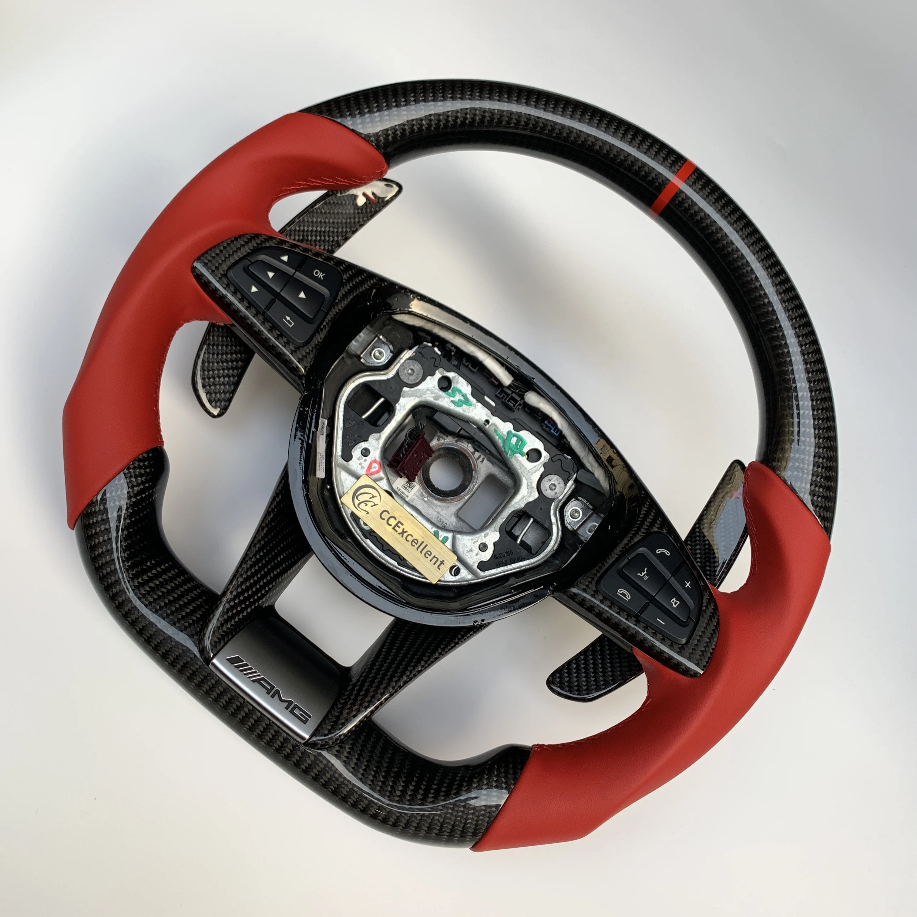 CCexcellent Hot selling factory price Benz real carbon fiber steering wheel for Benz W205 AMG with red smooth perforated