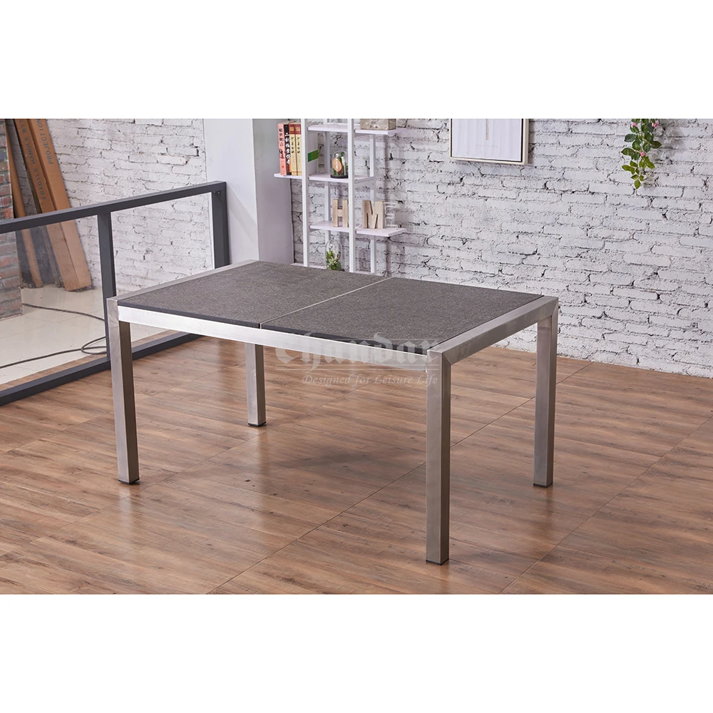 Luxury Inlay Structure Anti-Corrosion Aluminum Slat Armrest Design Stainless Steel Base Dining Room Furniture Table Set Lounge