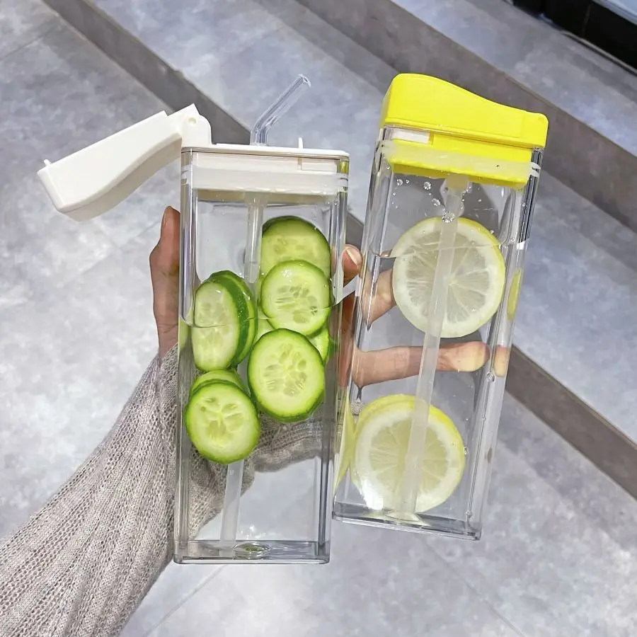 New Ins square custom logo 355ml clear leakproof juice drinking cup travel reusable plastic sport water bottles with straw