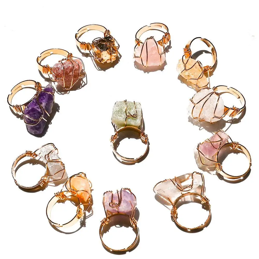 Wholesale Natural Crystal Stone Ring Adjustable Claw Setting Gemstone Rings Natural Rough Raw Crystal Rings Natural Stone