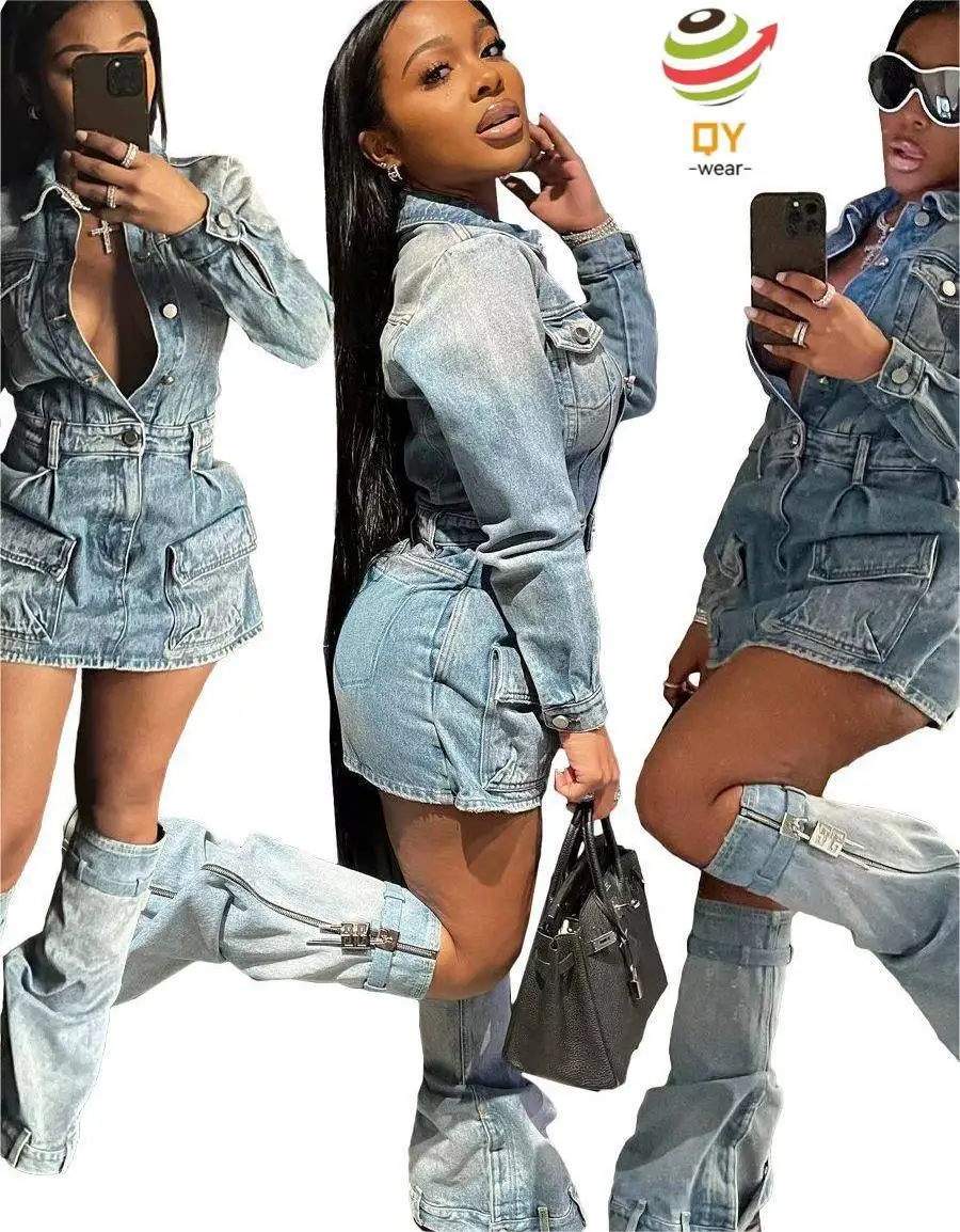 QY107 2024 Fall Winter Y2k Streetwear Sexy Jeans Club Wear Vintage Denim Dress Set Lapel Neck Shirts Cargo Dress With Leg Covers