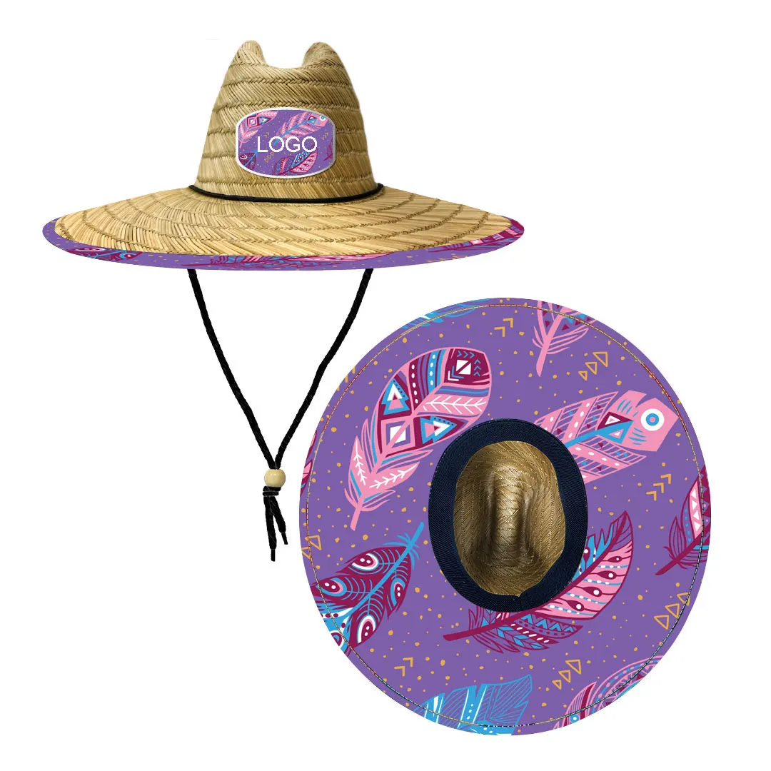 High Quality Custom Printed Logo Designer Summer Beach Straw Hats Lifeguard Surfing Sun proof Wide Brim Straw Beach Hat