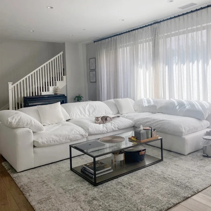 L Shape Living Room Sofa Set Duck Feather Modular Corner White Sectional Couch Linen Sleeper