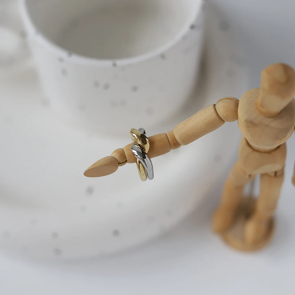 Two piece sets stainless steel folded stacking twist wave ring 18k gold and silver combined color band ring jewelry for girls