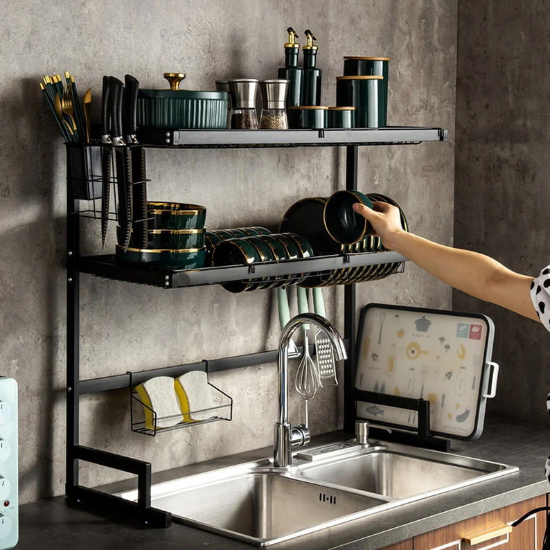 Space saving kitchen countertops 2 layer stainless steel sink tray drying rack