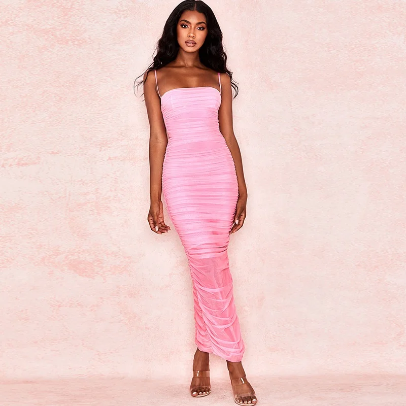 2019 night club ruffle mesh dress ladies spaghetti strap bandage dress