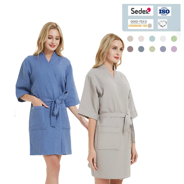 OA 60days solid palin check pattern Organic Cotton hotel bath robe 100% cotton waffle bath robe