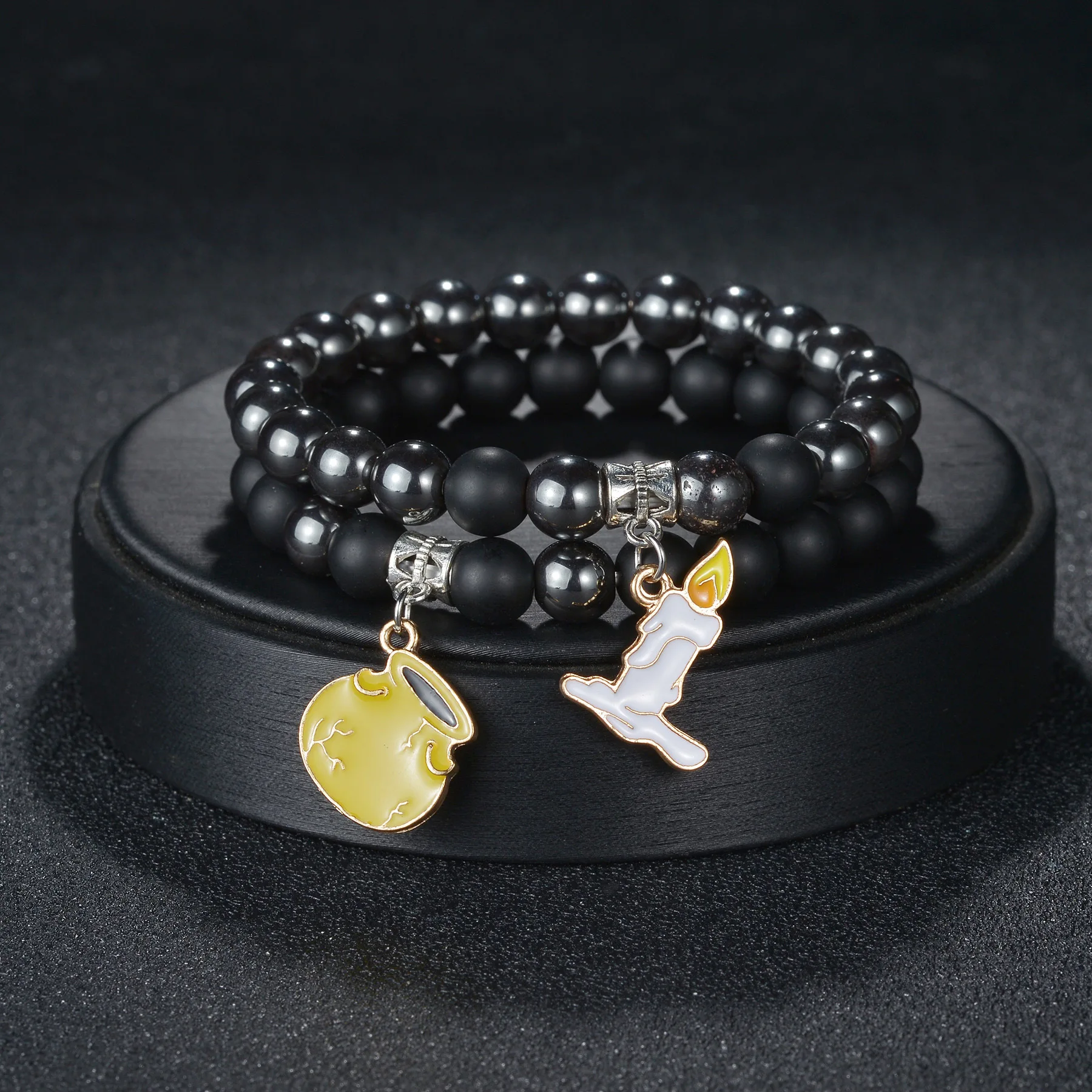 2pcs set 8mm Matte Stretch Bead Black Obsidian Bracelet Stackable Ghost Pumpkin Halloween Charm Bracelet