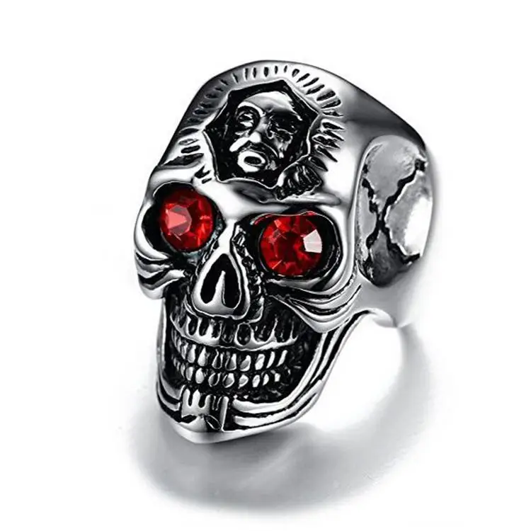 2022 hot Custom Punk Silver Ring Skull Head Red Eye Stone Stainless Steel Skull Ring For Men