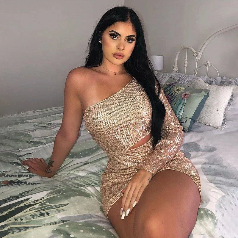 Sexy One Shoulder Elastic Sequin Dresses Female Elegant Mini Party Bodycon irregular mini   Dress