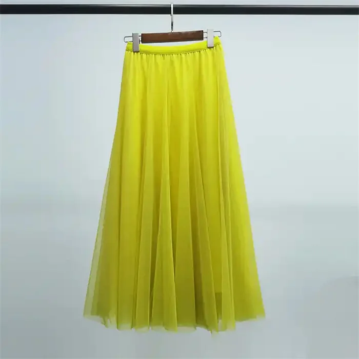 Long Tulle Skirt Women Summer New Gradient Korean Elegant High Waist A-line Pleated Sun School Midi Skirt Female