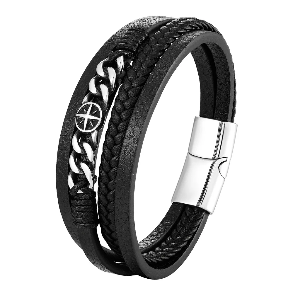 Custom Leather Wristband Bracelet Mens Leather Bracelet And Stainless Steel Chain  Magnetic Clasp Multilayer Leather Bracelet