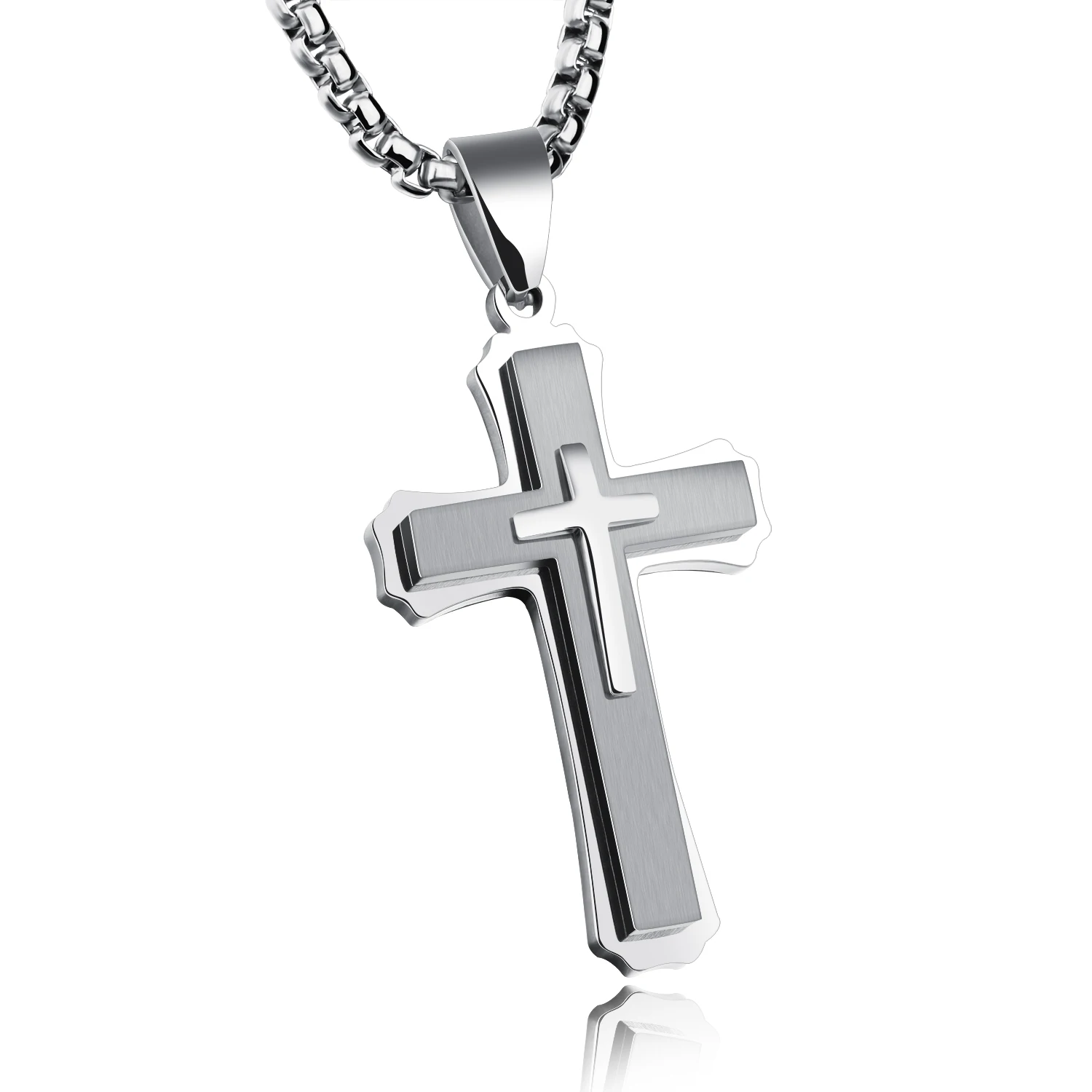Big Titanium Steel Cross Pendant Necklace for Men Teen Boys Jewelry Three Layers Jesus Crucifix Necklaces with Box