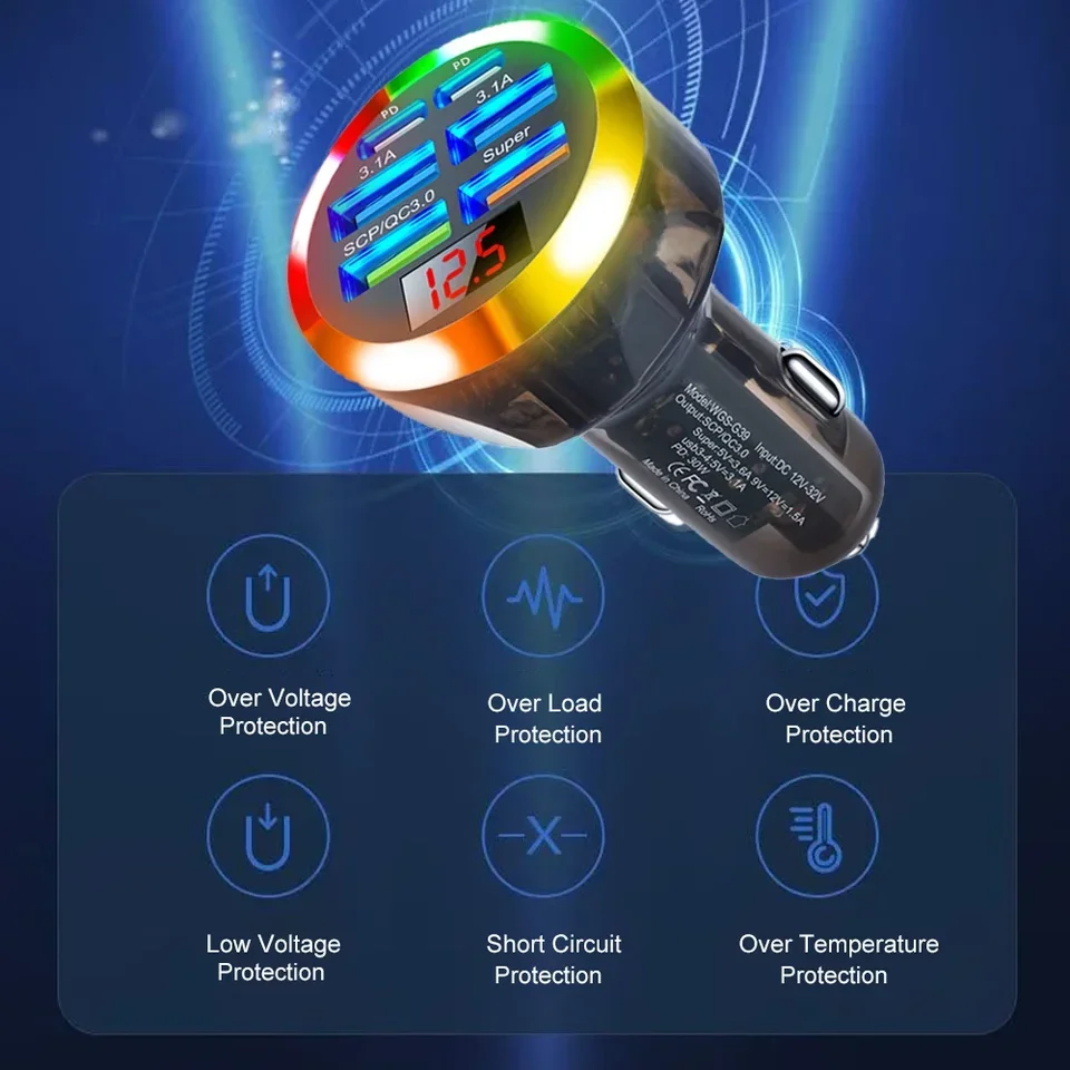 6 in 1 Super Fast Charge with Voltage Display Colorful Light for iPhone Samsung Transparent USB C Car Phone Charger