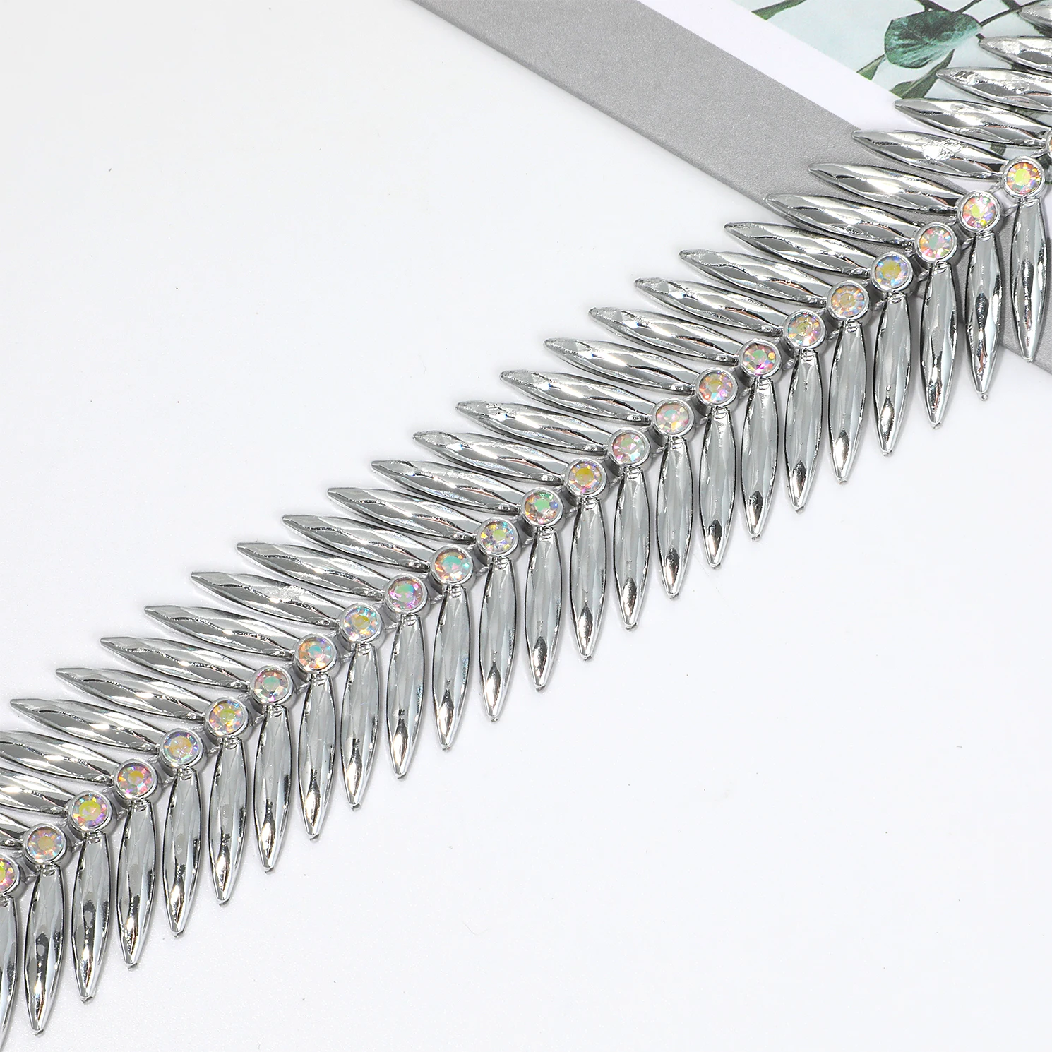 Silver AB Chain Trim Fish Bone Shape Wedding Dress Applique Bridal Costume Decoration Craft DIY Sewing Accessories Garment