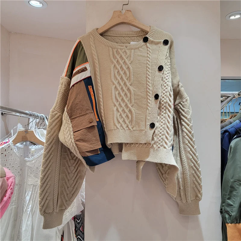 Casual loose knitted denim patchwork long sleeve winter sweaters casual sweater cardigan long coat