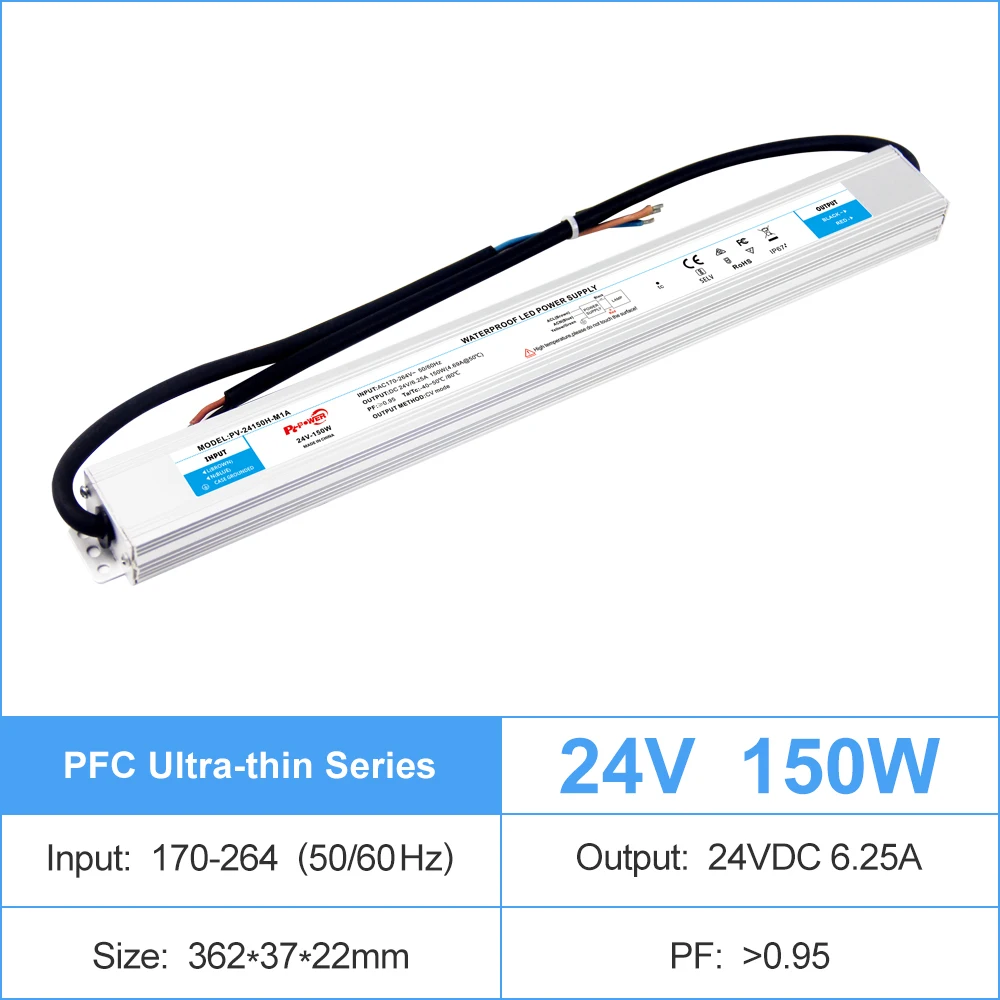 Тонкий водонепроницаемый IP67 PFC 36W 75W 100W Вход 100-240V AC to DC Оптовая цена 12V 24V Светодиодный драйвер для светодиодной ленты