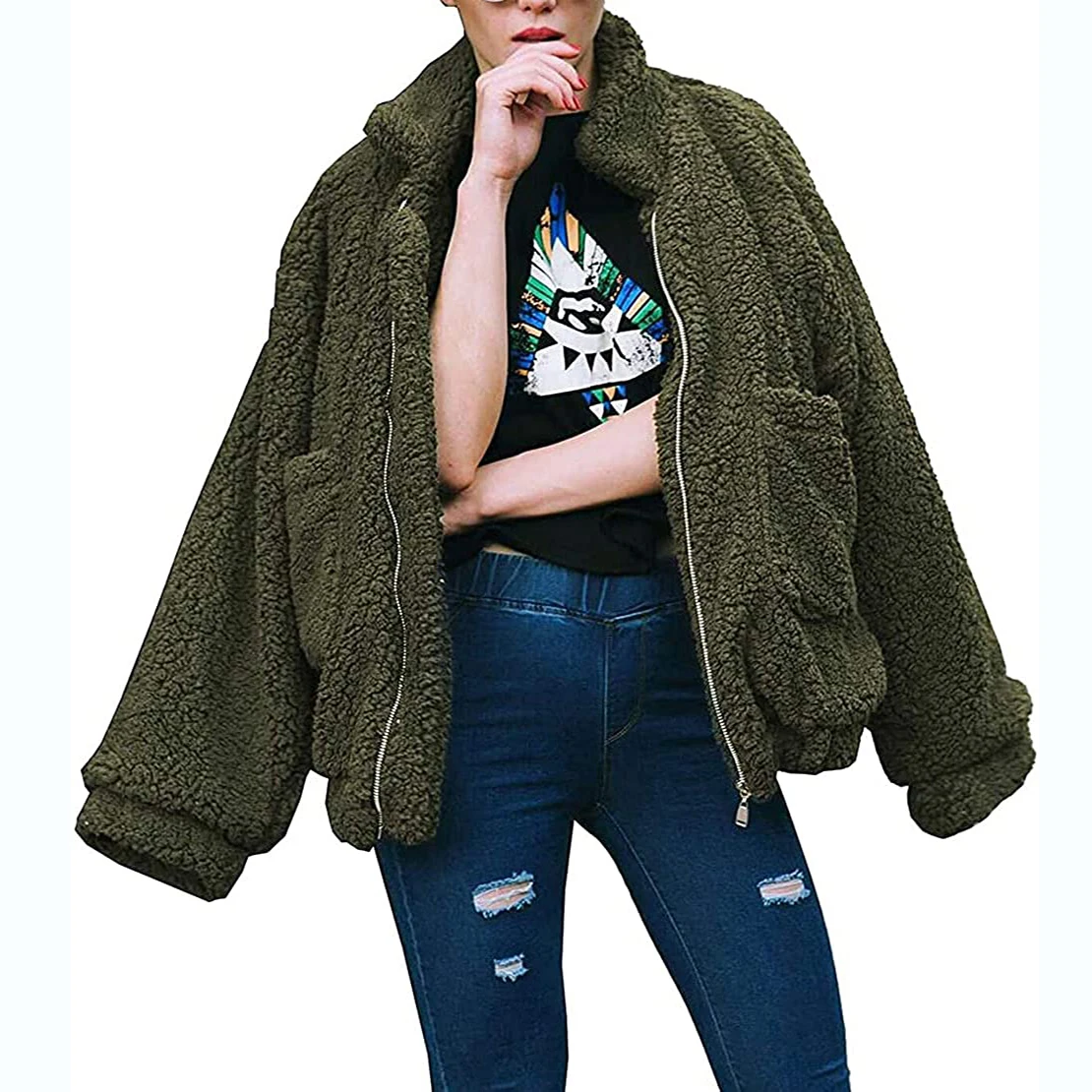 Женская модная одежда с длинными рукавами, с отложным воротником на молнии из искусственного флиса на осень куртка из овечьей шерсти с длинным ворсом, пальто свободного кроя куртка на теплую зиму