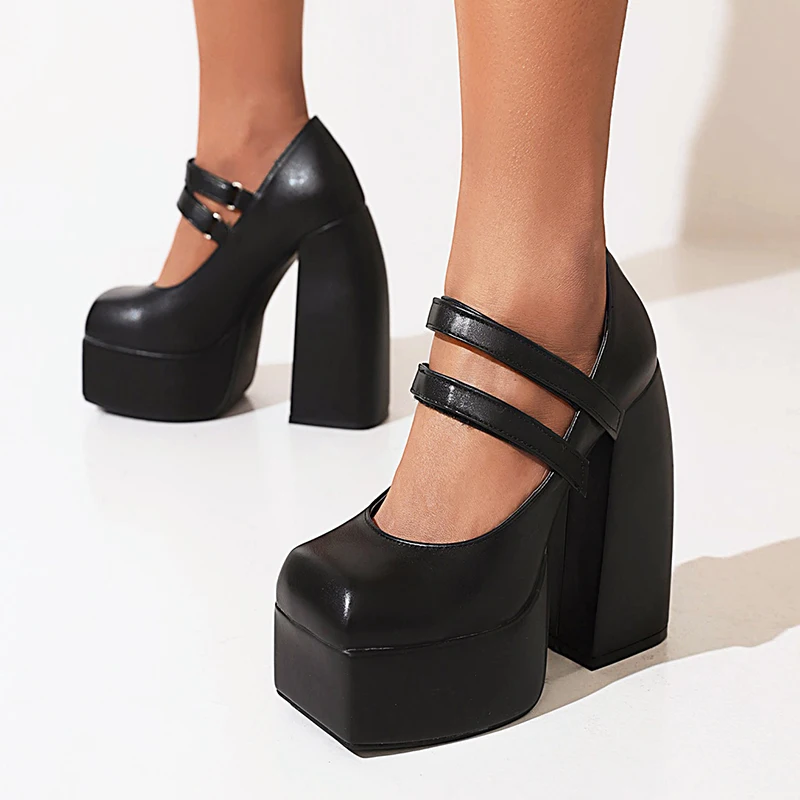 Kemayanni  Womens Pumps ENMAYER High Quality White Leather Chunky Heel Square Toe Buckle Strap Platform Pumps