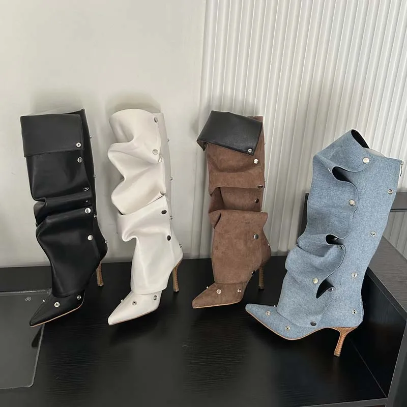 Willow nail buckle stitching two-wear high heel Denim pleated pile boots female personality hot girl fashion boots