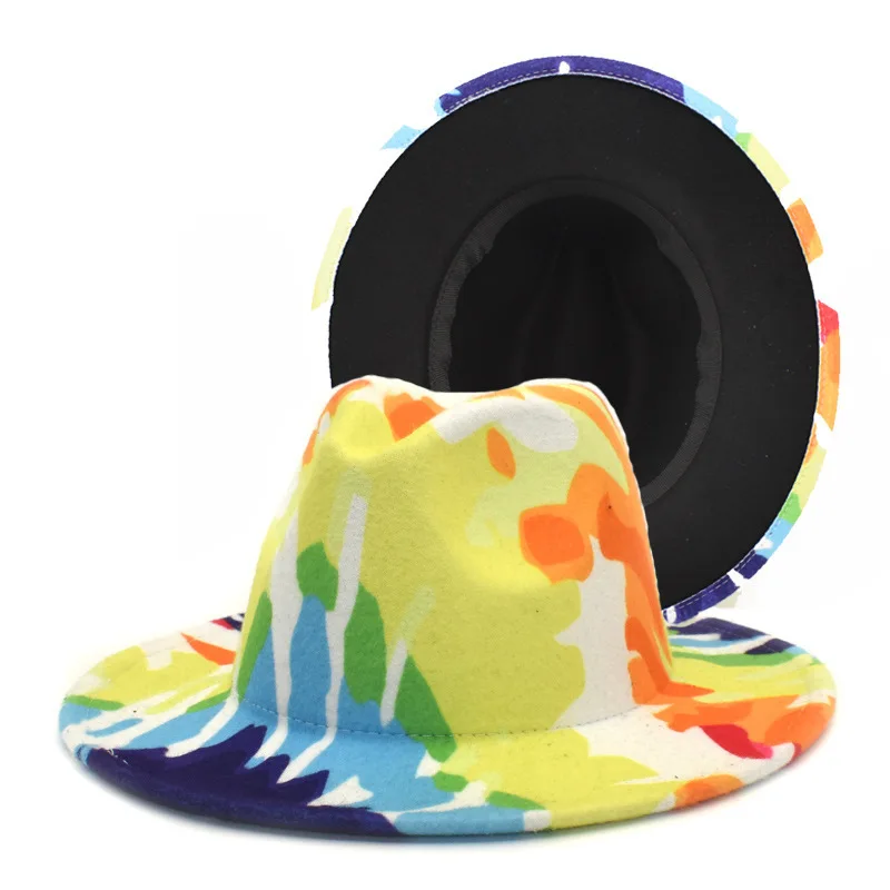 Tie Dye Fedora Hats Women Wholesale 2021 Sun Hats Wide Brim Graffiti Fadora Two Tone Felt Men Fedora Hats