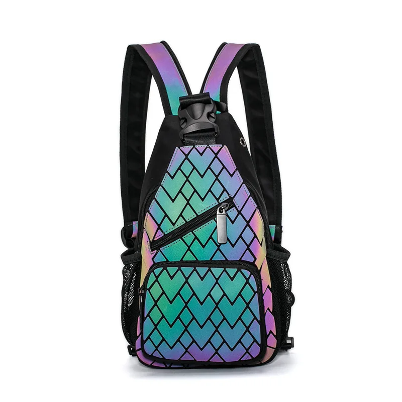 2024 fashion style multi function fanny crossbody backpack geometric plus size luminous leather reflective rainbow chest bag