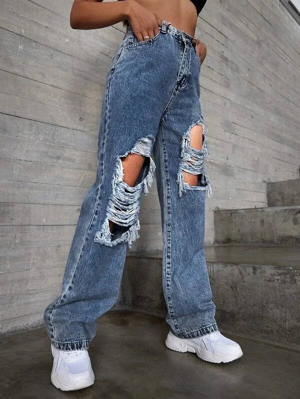 Wholesale New High Waisted Ripped Jeans Casual Wide Leg Denim Pants Outfit For Girls