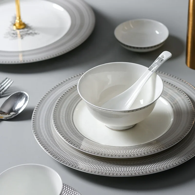 European-style light luxury simple household table setting bone china tableware rice bowl soup spoon dessert rack coffee set