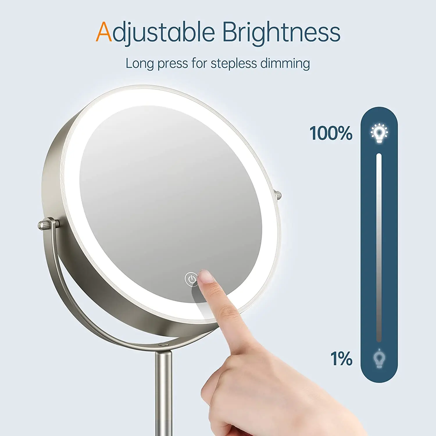 Brushed Nickel Finish Dimmable Cosmetic Mirror with Touch Control 360 Degree Rotation Led Light up Mirror
